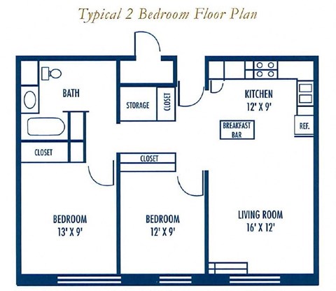 Floor plan for 2 beds, 1 bath